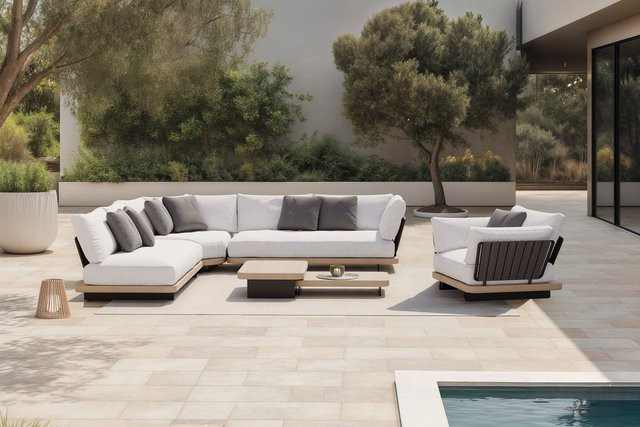 PLOSS Aurora L Gartenlounge in L-Form aus Aluminium und Rope mit Polstern, Anthrazit/Pale Silver - Bild 1