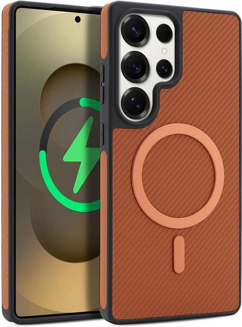 Magnetische Business Leder Hülle aus ultra dünner Kohlefaser für Samsung Galaxy S24, S25 und S26 Ultra oder Plus, Farbe: Braun - Bild 1