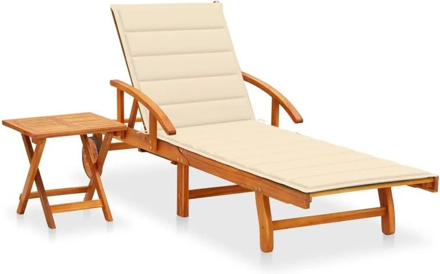 vidaXL Sonnenliege aus Akazie Massivholz mit Tisch und cremeweißer Auflage - Bild 1