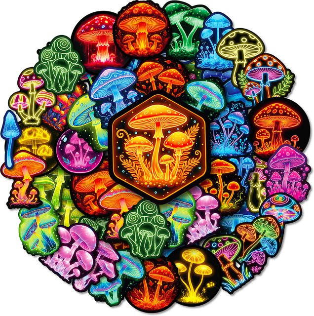 Rspctou Bunte Neon Pilz Aufkleber Wasserdichte Cartoon Graffiti Sticker für Laptop, Telefon und Kühlschrank, Mehrfarbig - Bild 1
