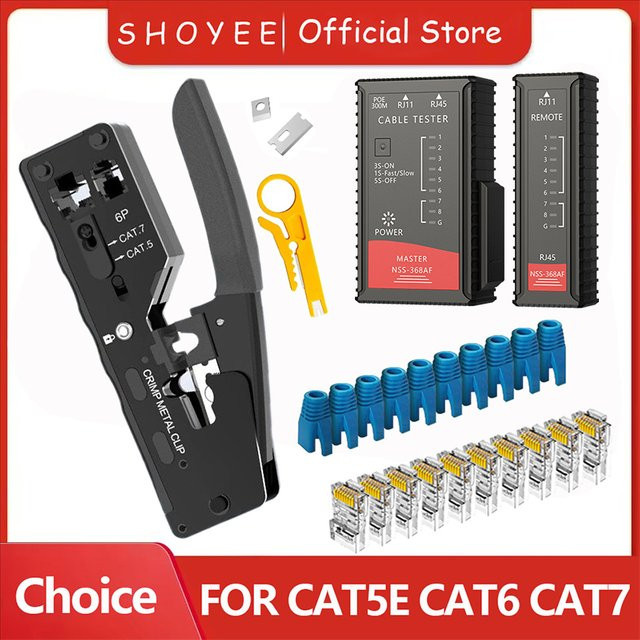 SHOYEE Pass Through Crimp Zange für RJ45 RJ12 RJ11 Ethernet Anschlüsse, Schwarz - Bild 1