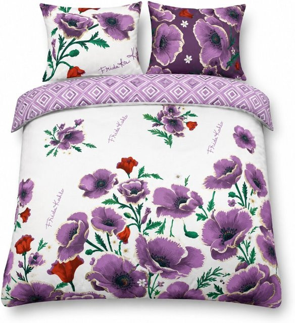 Frida Kahlo Bettwäsche aus Baumwolle mit floralem Design in Lila, Bettbezug und Kissenbezug, B/H: 140 x 200 cm - Bild 1