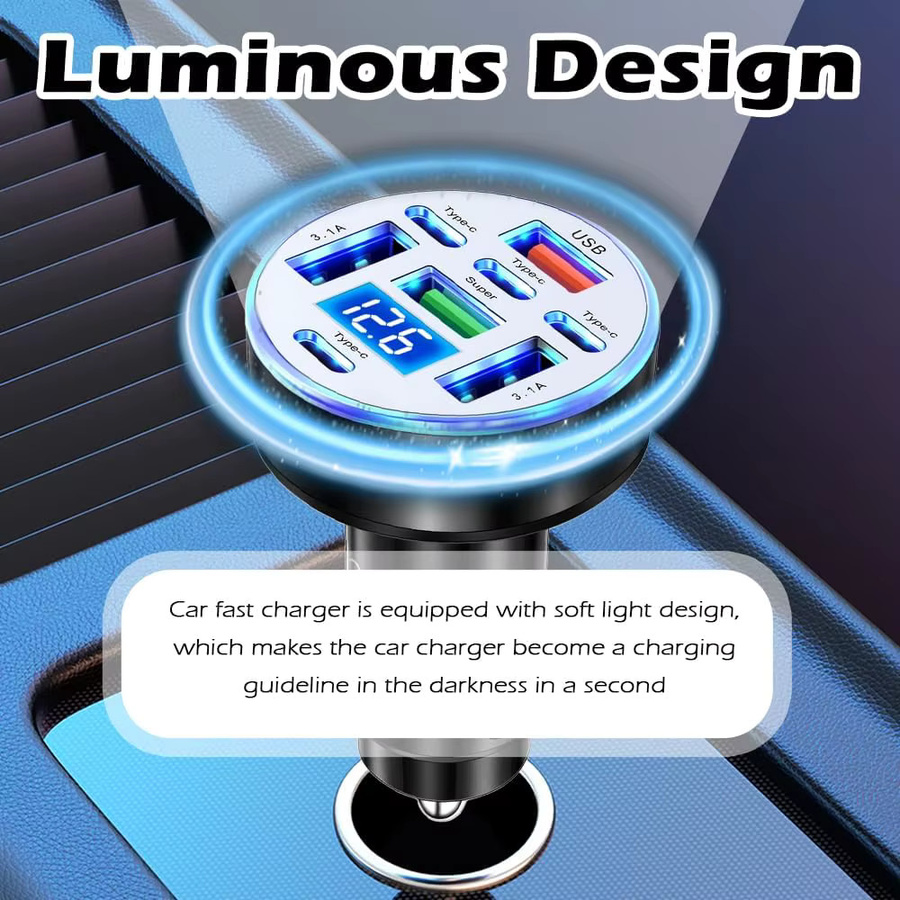 UYUXIO 8-in-1 USB-Autoladegerät in Schwarz mit Spannungsanzeige, 4 Typ-C-Anschlüsse und 4 USB-A-Anschlüsse, Multi-Port-Schnellladegerät mit Voltmeter - Bild 6