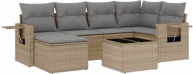 vidaXL 7-teilige Garten-Sofagarnitur in L-Form aus Poly-Rattan mit Kissen in Beige-Grau - Bild 1