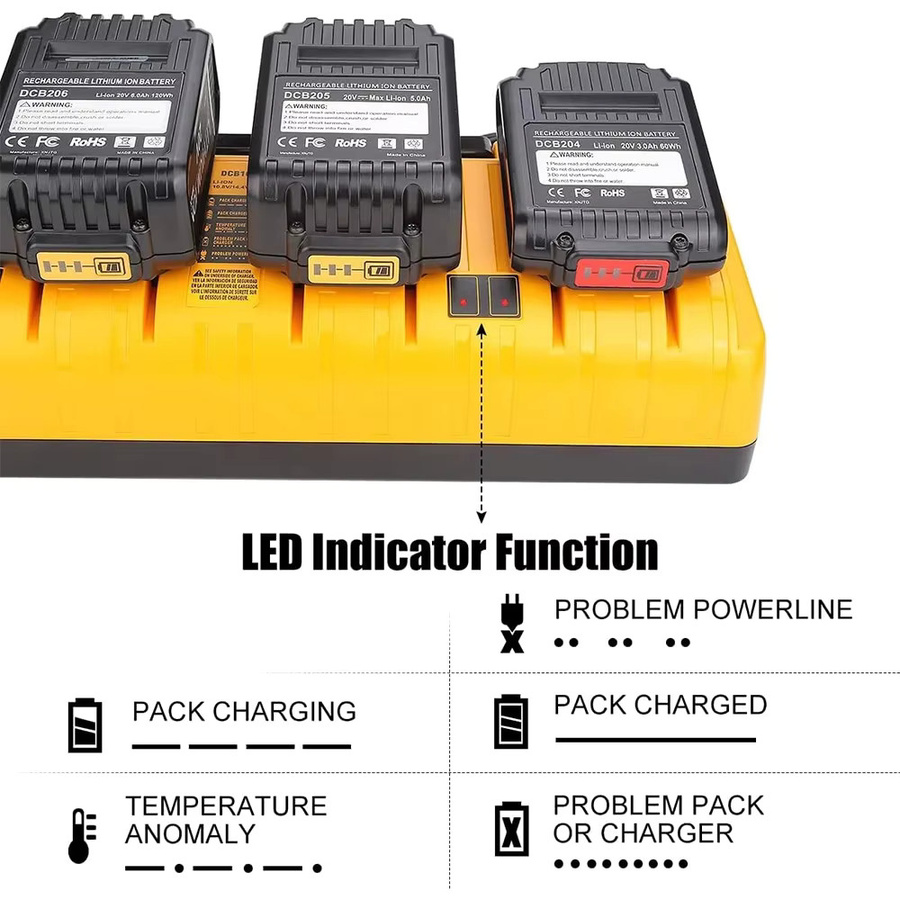 DeWalt DCB104 Schnellladegerät für 12V-18V Lithium-Akkus mit vier Anschlüssen und Ladeschutz, Farbe: Gelb - Bild 3