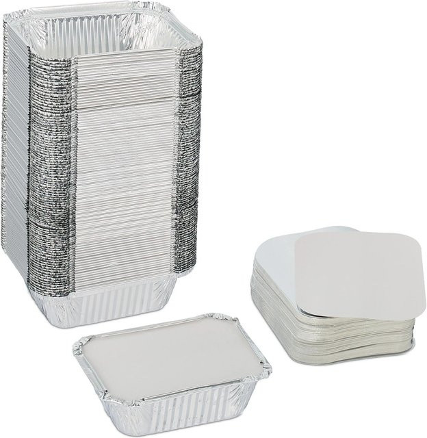 Relaxdays Aluschalen mit Deckel 100er Set in Silber, Backofenfest und Gefriergeeignet, B/H/T: 13 x 4 x 10 cm - Bild 1