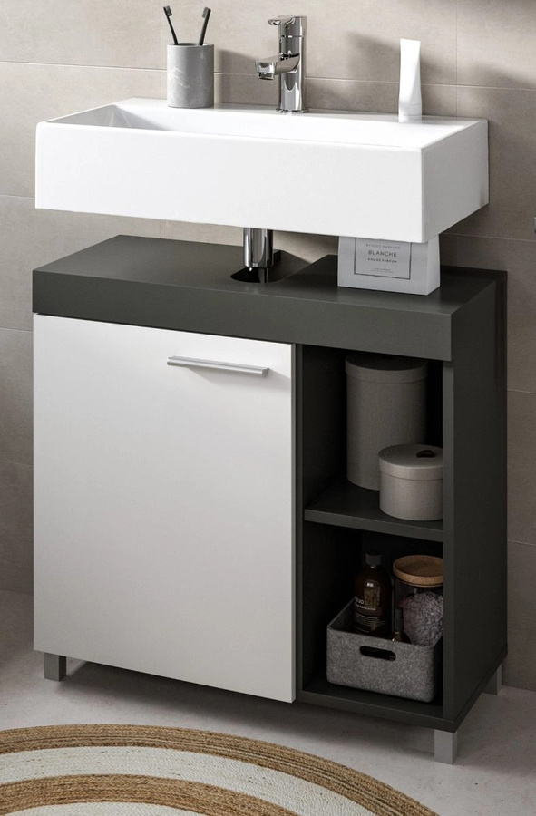 Waschbeckenunterschrank Adam modern in Grau und Weiß mit Regalfach und Türen, Breite: 65 cm - Bild 1