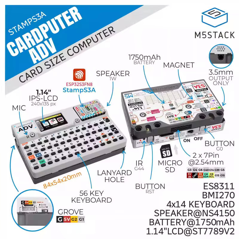 M5Stack Cardcomputer Advanced Edition ESP32 Tragbarer Computer mit 1,14-Zoll-Bildschirm und 56-Tasten-Tastatur Card S3A Entwicklungskit in Weiß - Bild 4