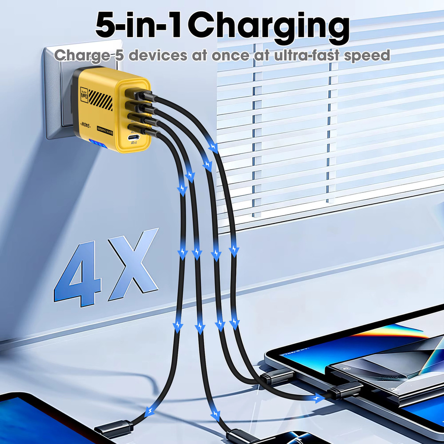 GaN 240W 5-in-1 USB-C-Ladegerät in Gelb für iPhone, Samsung und Xiaomi als schnelles Wandladegerät und Netzteil - Bild 1