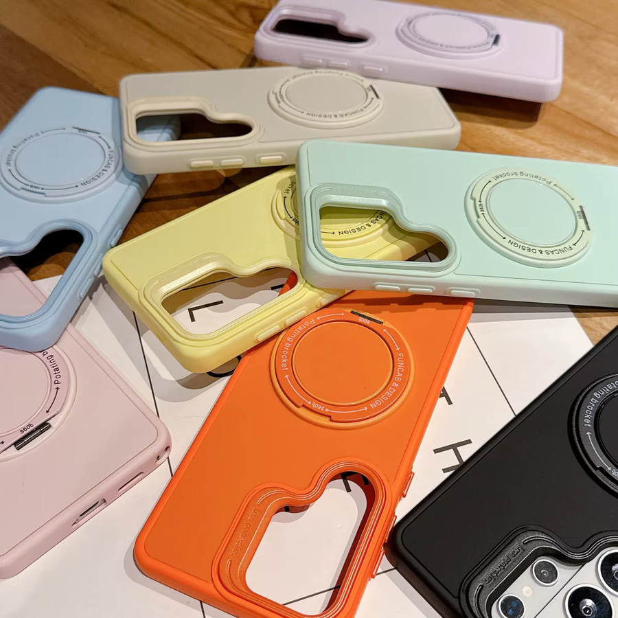 Stoßfeste Samsung Handyhülle mit 360 Grad drehbarem magnetischem Klappständer und MagSafe-Halterung für Samsung S26 S25 S24 Ultra Plus in Orange und Pink - Bild 3