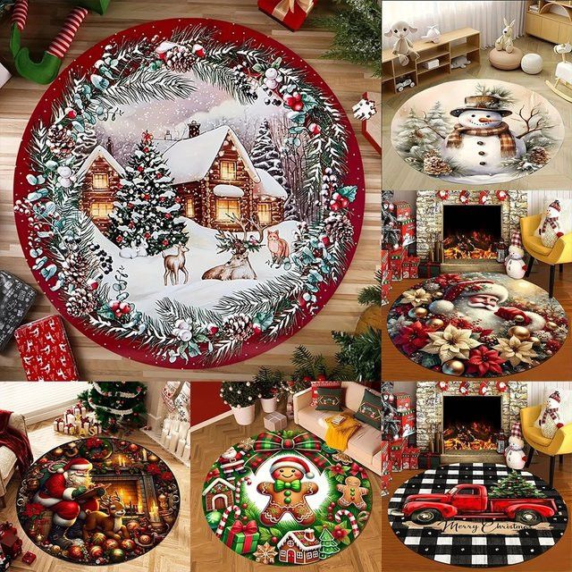 ADreamy Runder Weihnachtsteppich aus Baumwolle mit Schneeszenen und Weihnachtsmann-Motiven für dein Schlafzimmer und Neujahrs-Homedecor - Bild 1
