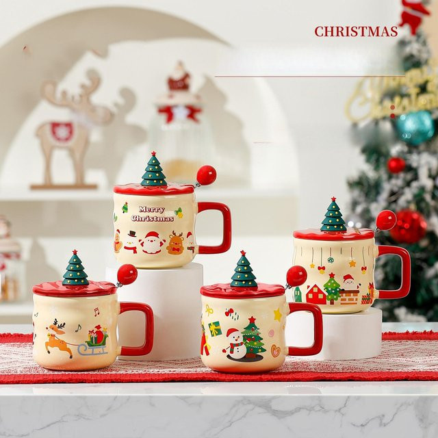 Weihnachtskeramiktasse mit Deckel von Yiran Furniture in Weiß, 350,5 ml - Bild 1