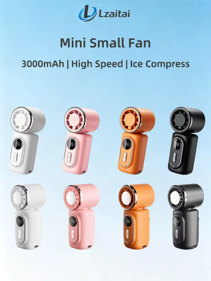 Lzaitai Mini-Ventilator mit Eiskompressen-Funktion, tragbarer Hochgeschwindigkeits-Kühlventilator in Pink, 3000 mAh Akku, 5 Geschwindigkeiten, 180 Grad verstellbarer Clip und LED-Display, USB-aufladbar - Bild 1