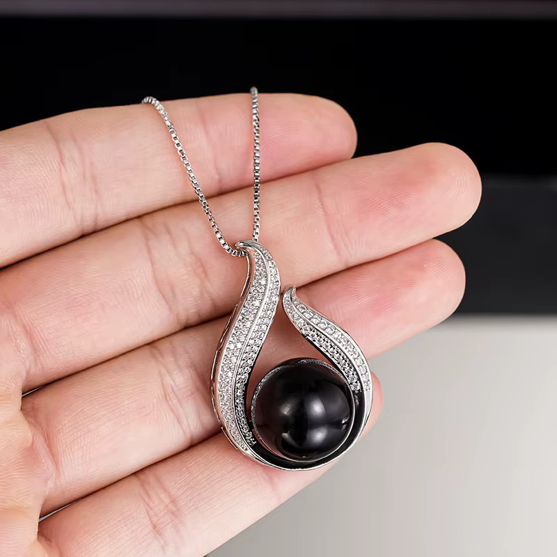 Huitan Halskette, Blatt-Design, schwarze Perle, Zirkonia, Damen - Bild 5