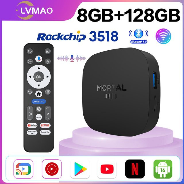 LVMAO Smart TV Box T1+ RK3518 mit Android ROM, 128 GB RAM, 8 GB WLAN, Bluetooth 5.4 und 8K Unterstützung in Schwarz - Bild 1