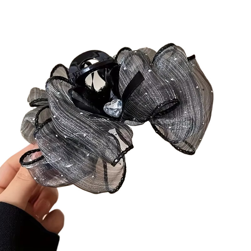 Haarklammer Wolken-Tüll mit Strass-Herz-Schleife und Organza-Blumen, Damen - Bild 2