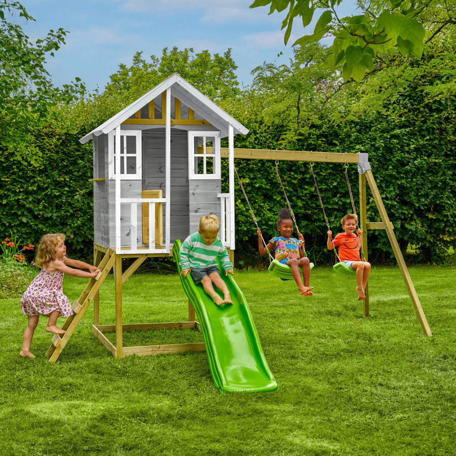 Zwerkules Spielhaus Valli 3 in Natur Grau mit Rutsche und Doppelschaukel, B/T/H: 370 x 352 x 277 cm - Bild 2
