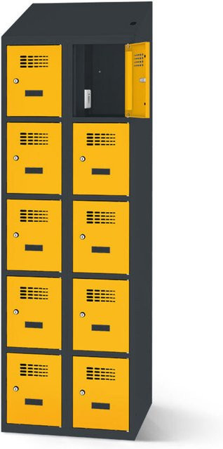 rotstahl Fächerschrank mit Ladefunktion und 10 Fächern in Gelb mit anthrazitgrauem Korpus, B: 80 cm, H: 200 cm - Bild 1