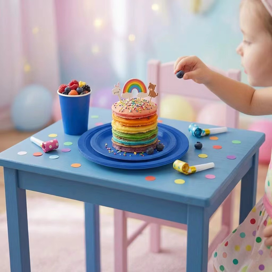 Blaues Einweg-Papiergeschirr-Set für Kindergeburtstage und Familienfeiern bestehend aus Tellern, Pappbechern und Tischdecken - Bild 5