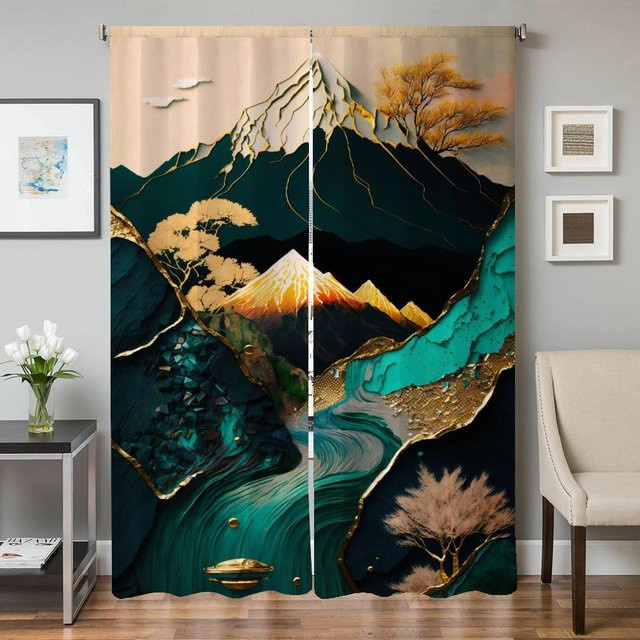 2er-Set semi-transparente Verdunkelungsvorhänge mit Grafikdesign von Household supplies MH, Mehrfarbig, Breite: 50 cm, Höhe: 70 cm - Bild 1