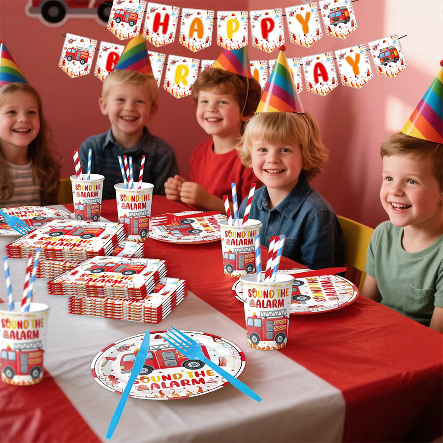 EsenTroye Feuerwehrauto Party-Set mit Geschirr, Servietten, Bechern und Tischdecke in Mehrfarbig für Kindergeburtstage - Bild 4