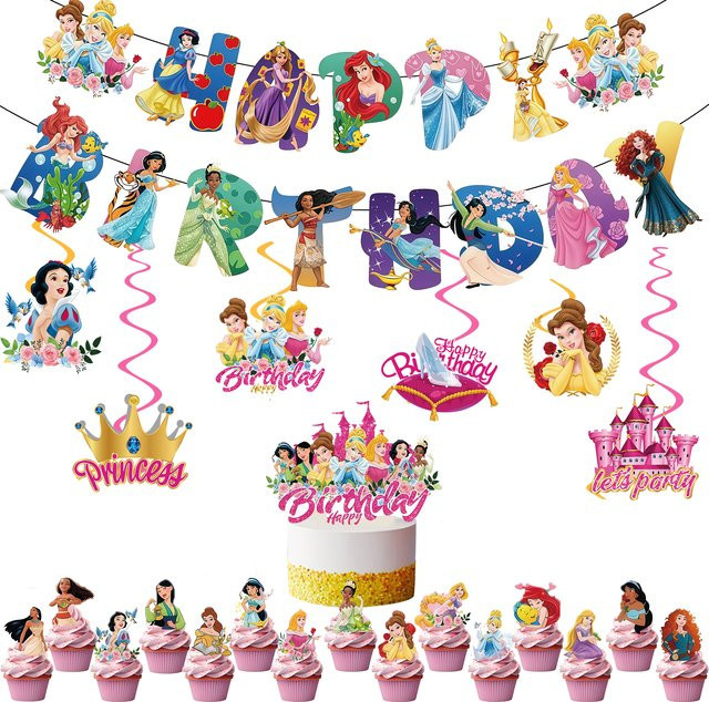 Disney Prinzessinnen Geburtstag Dekorationsset in Pink und Multicolour mit Banner, Wirbel-Deko, Tortenaufsatz und Cupcake-Topper aus Papier - Bild 1