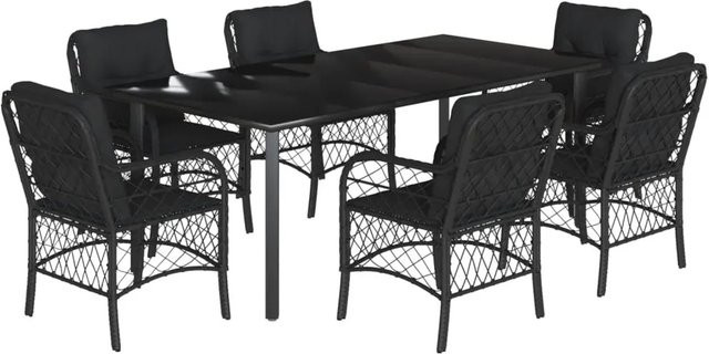 vidaXL 7-teilige Garten-Essgruppe aus Poly Rattan mit Kissen und Glastisch in Schwarz - Bild 1