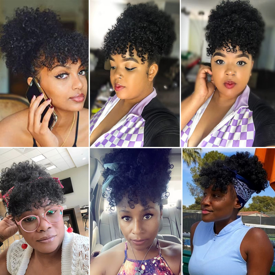 G&T Wig Synthetische Perücke, Pferdeschwanz-Erweiterungen, Afro-Haarknoten mit Pony, kurz, lockig - Bild 6