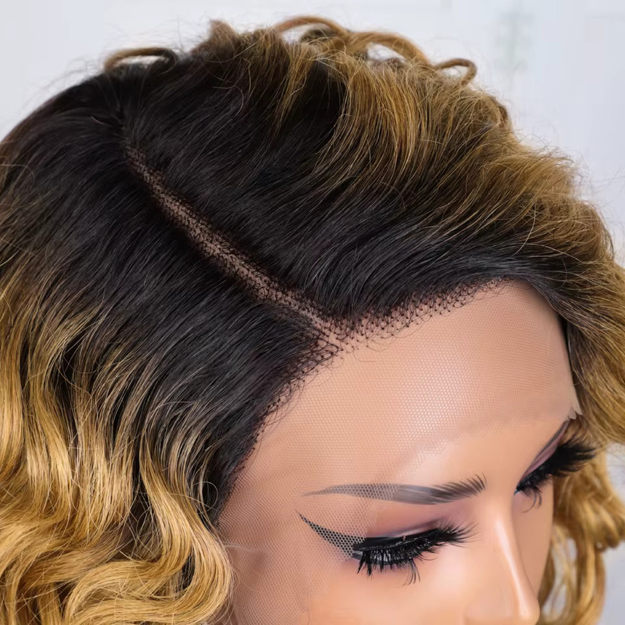 Lekker Perücke, Ombre Blonde, Kurzer Lockiger Bob, Echthaar, Damen - Bild 2