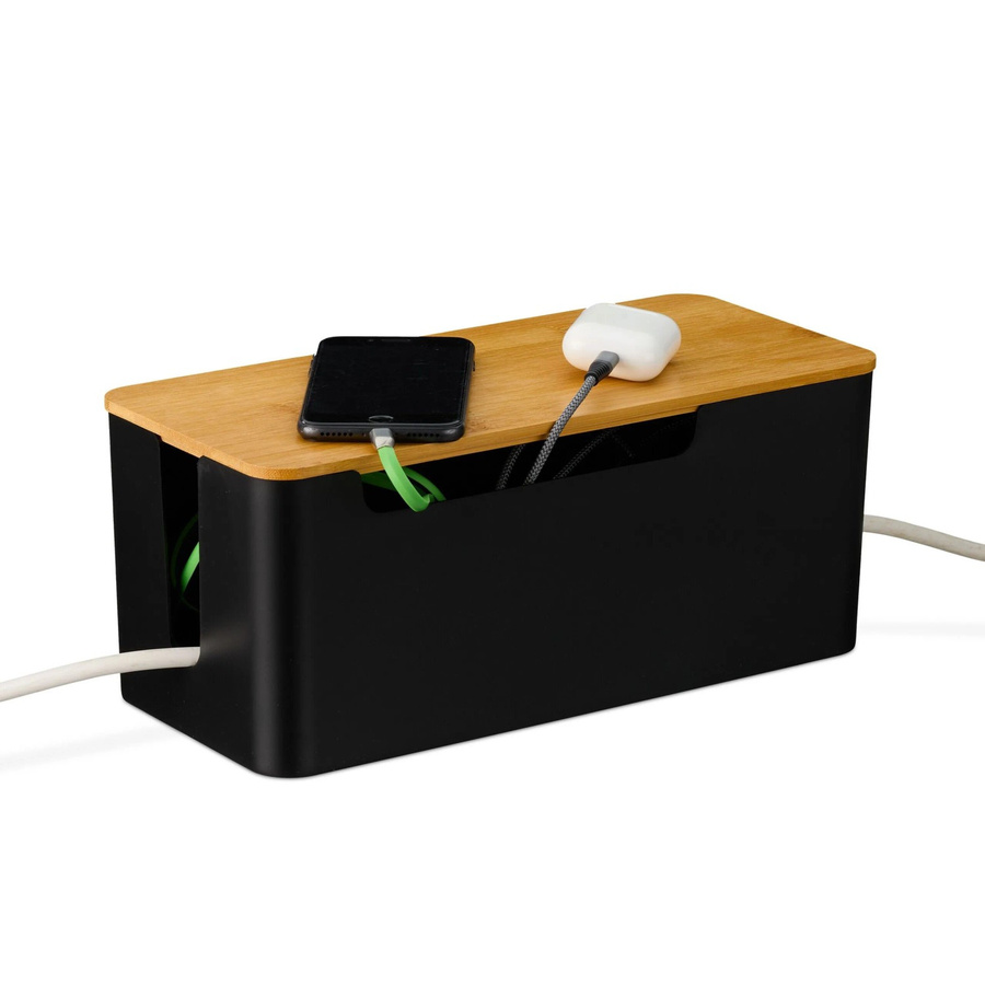 Relaxdays Kabelbox aus Kunststoff und Bambus in Schwarz, B: 31 cm, T: 13 cm, H: 14 cm - Bild 2