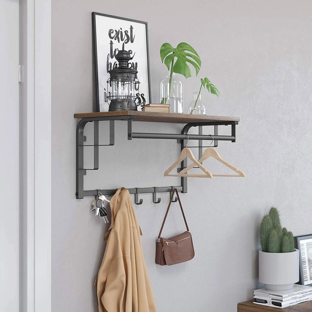 Vasagle Wandgarderobe mit Aufbewahrungsregal in Braun-Schwarz, B/T/H: 66 x 30 x 27 cm - Bild 1