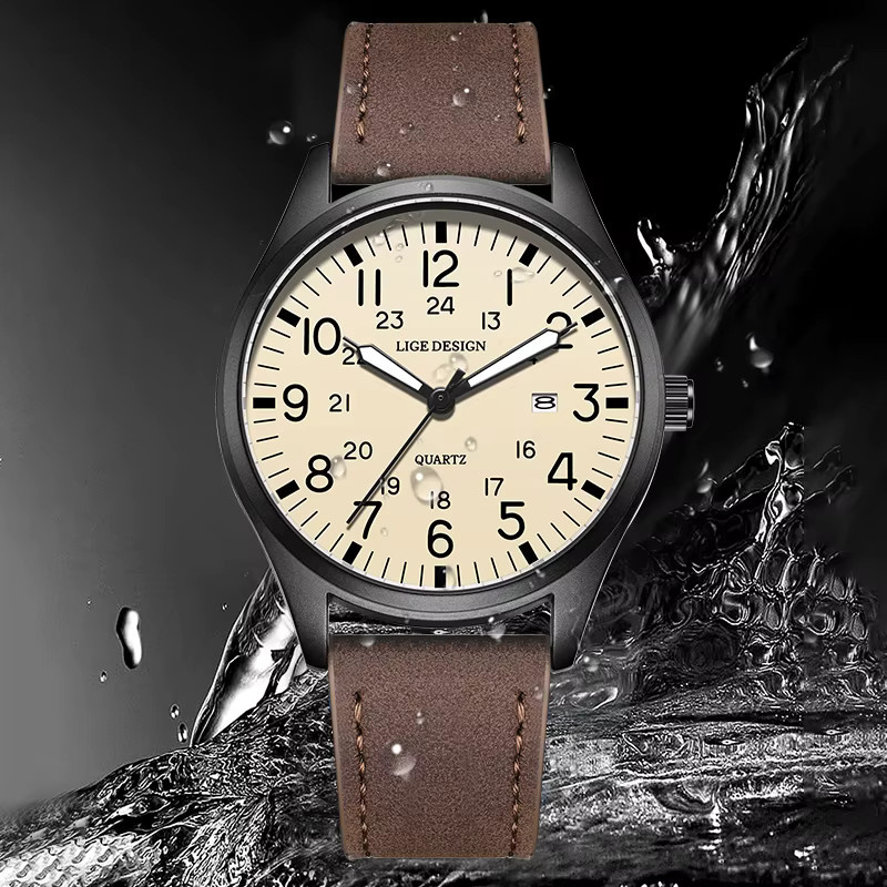 LIGE Armbanduhr Quarz, Leder, Weiß, Herren - Bild 4