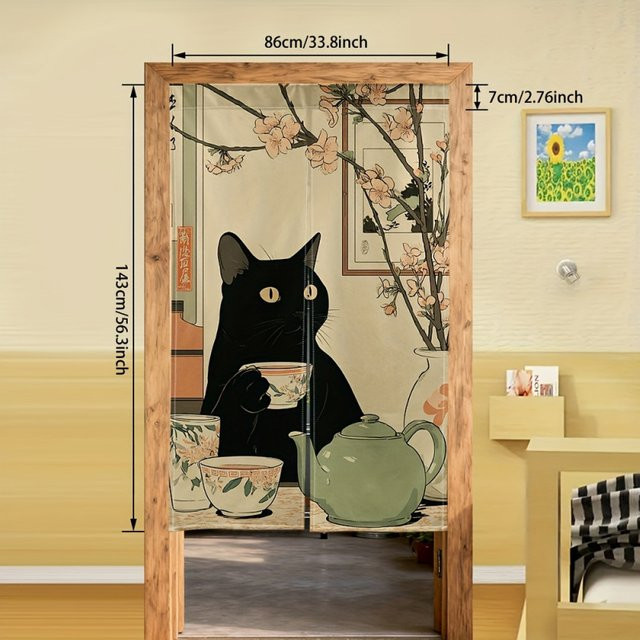 VIKAMA Türvorhang im japanischen Anime-Stil mit schwarzem Katzenmuster in Schwarz - Bild 1