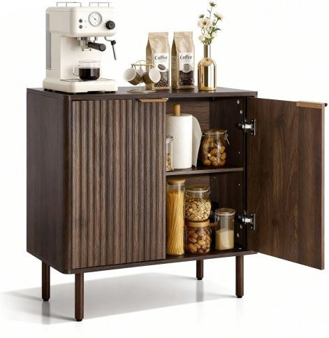 VEVOR Coffee Bar Cabinet im Mid Century Design mit geriffelter Front und 2-stufigem Stauraum, Buffet Schrank mit Scheunentür in Walnuss, B/T/H: 80 x 37,5 x 80 cm - Bild 1
