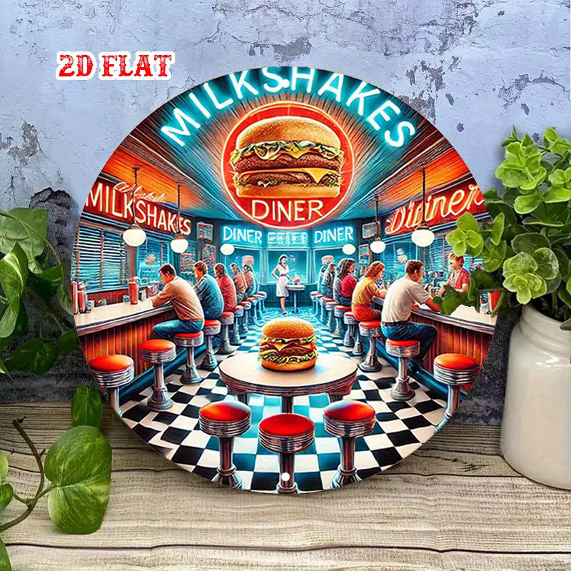 Rundes Retro Diner Aluminiumschild von Potdemiel mit Milchshake und Burger Motiv, Mehrfarbig, Durchmesser: 20,0 cm - Bild 3