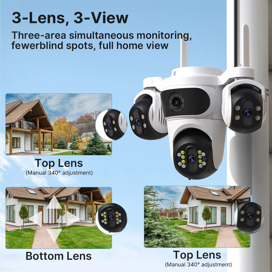 WONSDAR WiFi-Sicherheitskamera mit drei Objektiven und PTZ-Funktion, HD CCTV-Überwachung mit Menschenerkennung und iCsee App, Weiß - Bild 3
