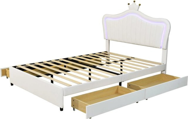 okwish Polsterbett für Kinder in Weiß mit Stauraumschubladen und LED-Unterbettbeleuchtung B/T/H: 140 x 200 x 103,5 cm - Bild 1