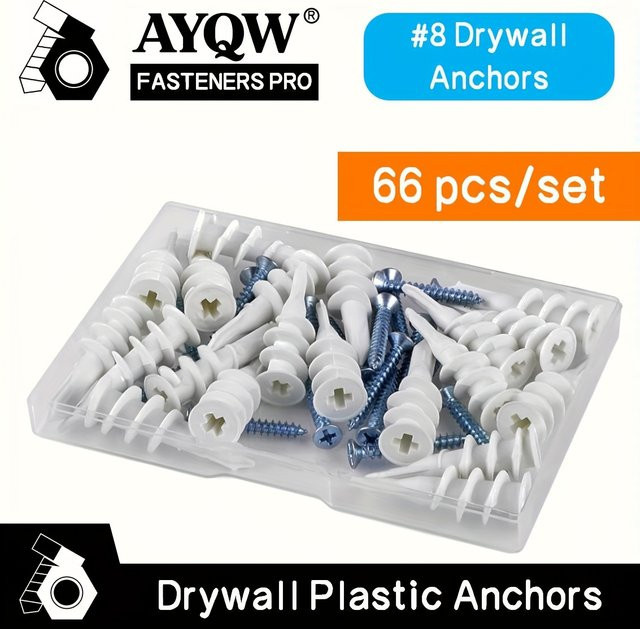 Zimir 66-teiliges Schraubenset mit 33 weißen Kunststoff-Sheetrock-Ankern aus Nylon und 33 selbstschneidenden Schrauben # 8 x 1-1/8'' - Bild 1