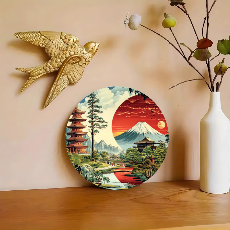 Potdemiel Vintage Wanddekoration Japanische Landschaft mit Mount Fuji, Kirschblüten und Pagode, Mehrfarbig, Durchmesser: 20 cm - Bild 4