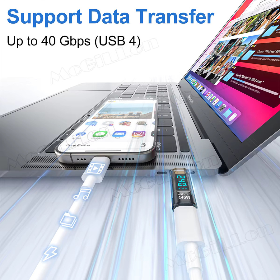 USB C 4.0 OTG-Adapter Typ C auf USB Typ C mit digitalem Display, PD 240W und 100W Datenübertragung, blau transparent - Bild 4