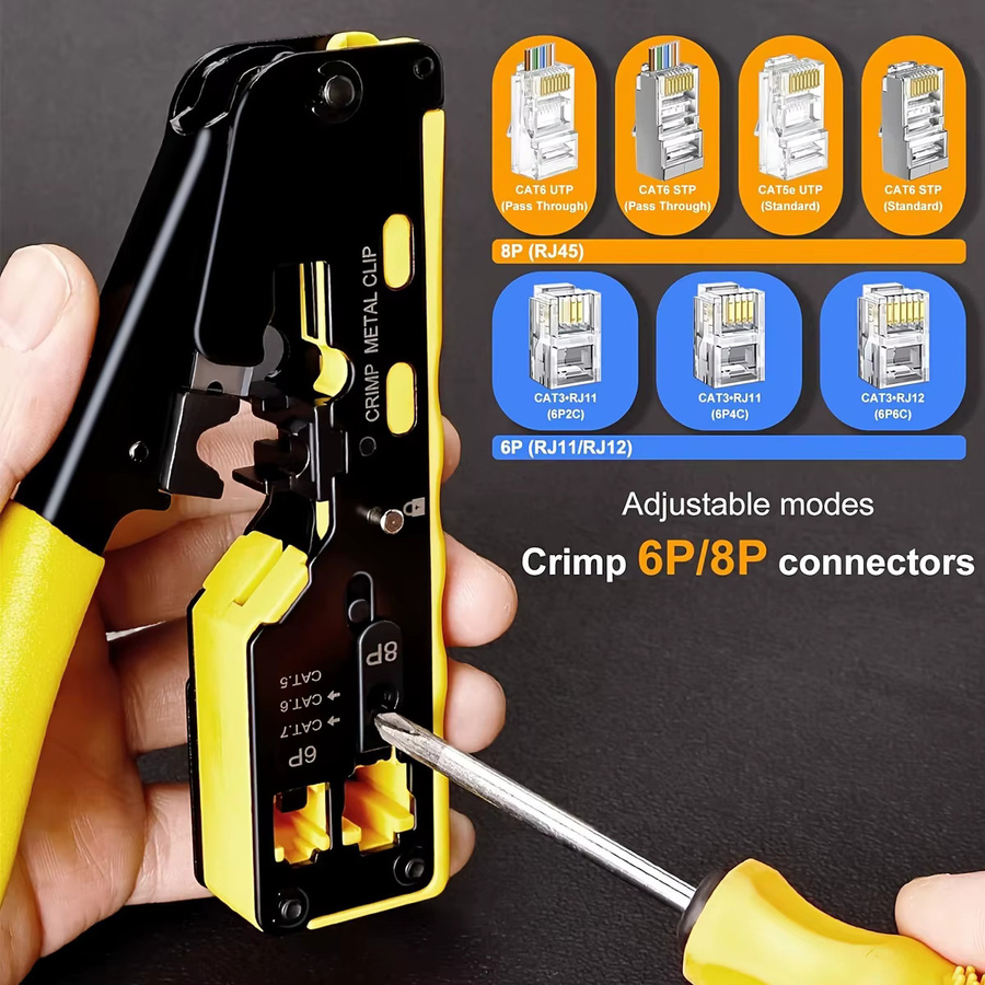 NIUXIANG Ratschenmodular-Datenkabelcrimper, Abisolierzange und Drahtschneider für RJ11, RJ12 und RJ45 Pass-Thru-Anschlüsse in Gelb - Bild 4