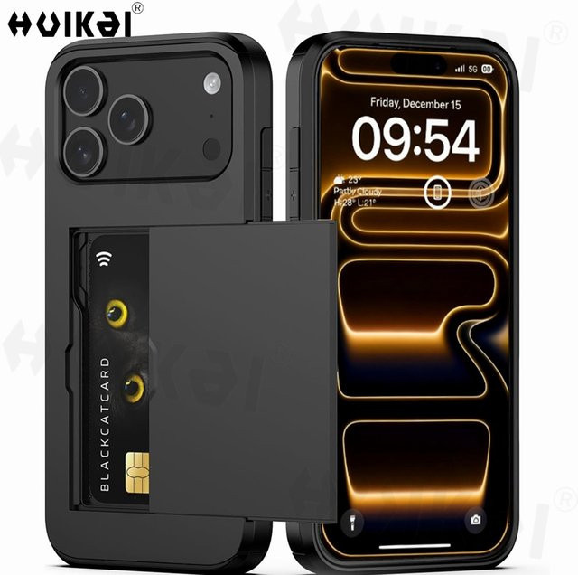 Robuste Schutzhülle für Apple iPhone 17 Pro Max 16 Pro Max 15 14 13 12 mit Kartenfach und Schiebefach in Schwarz oder Grün - Bild 1