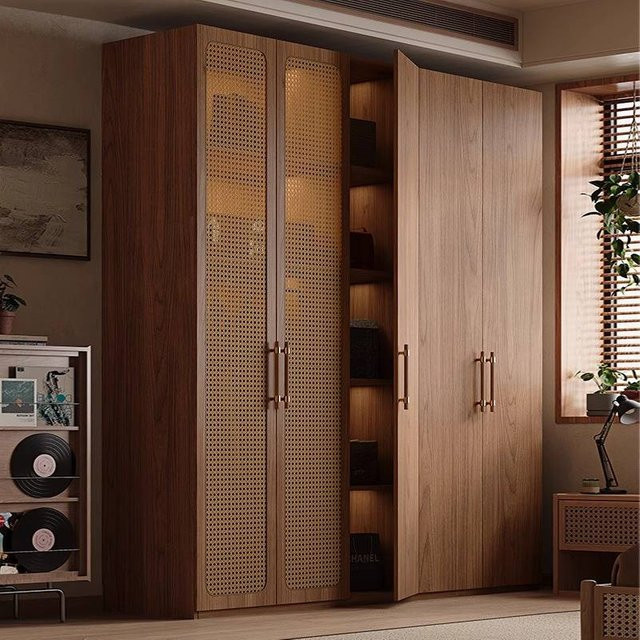 DUTRIEUX Kleiderschrank im nordischen Design aus Holz und Rattan in Braun mit integrierter Beleuchtung und Schubladen - Bild 1