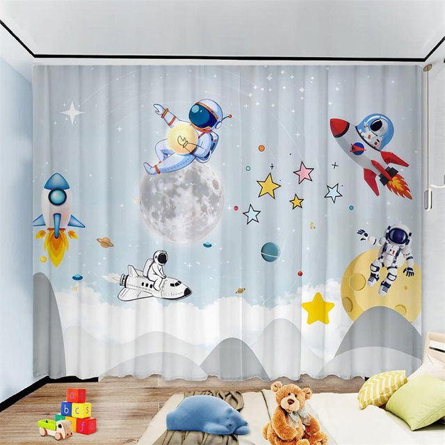 Yiran Furniture Kinderzimmer Vorhänge mit Astronauten-Cartoon-Motiv, Rakete und Ballons, 2er-Set, Polyester, halbtransparent, B: 70 cm, H: 245 cm - Bild 1