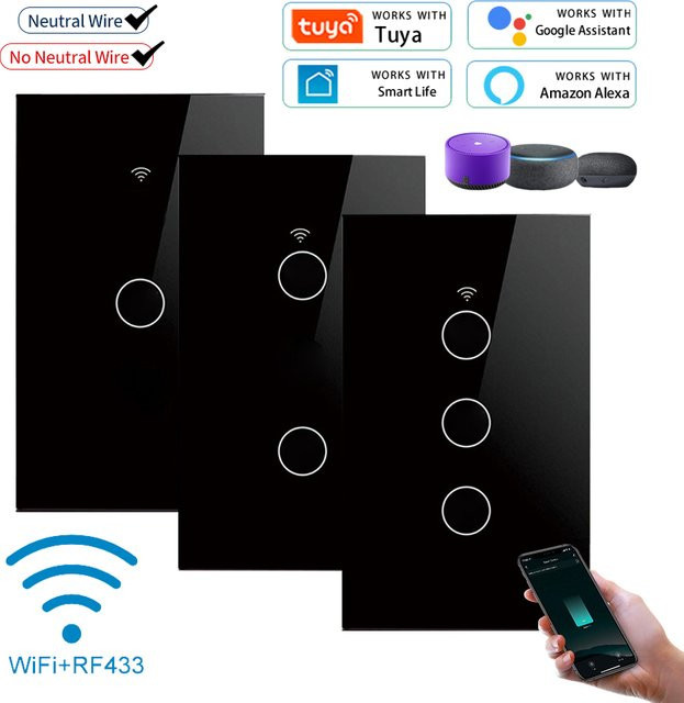 Tuya US Smart WLAN Touch Wandlichtschalter mit oder ohne Neutralleiter, 3-fach Ausführung, kompatibel mit Amazon Alexa und Google Assistant - Bild 1