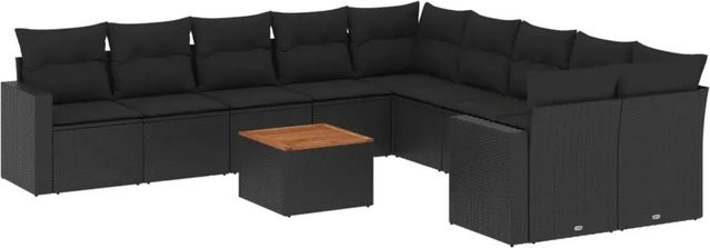 vidaXL 11-teilige Garten-Sofagarnitur aus Poly-Rattan und Akazienholz in Schwarz mit Kissen - Bild 1