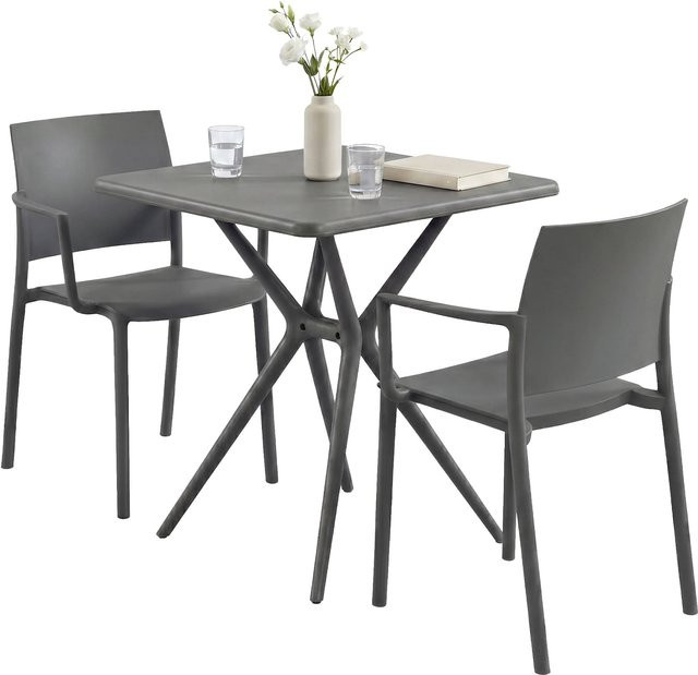 CLP Gartenmöbel-Set Pula in Grau, wetterfeste Sitzgruppe aus Kunststoff mit 2 Stapelstühlen und quadratischem Bistrotisch für Balkon, Terrasse und Garten - Bild 1