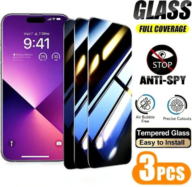 SnakeGlass 3er-Pack Anti-Spionage Panzerglas Displayschutz für iPhone 17 16 15 14 13 12 11 Pro Max Plus Air Mini Kratzfest und Transparent - Bild 1