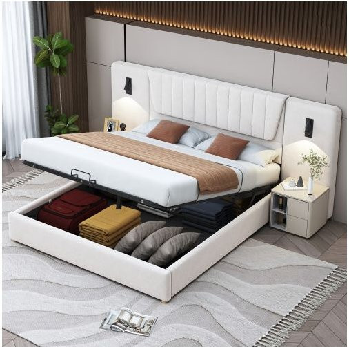 Gepolstertes Bett MUVOE in Beige mit verlängertem Kopfteil, integrierten USB-Ladeanschlüssen, Leselampen und Lift-up-Funktion, B/T: 180 x 200 cm - Bild 1