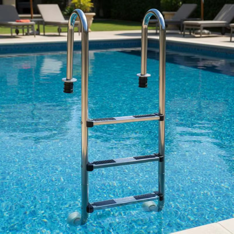 Eingebaute Pooltreppe aus Edelstahl mit 3 Stufen in Silber, rutschfeste Oberfläche und ergonomischer Handlaufkante für Spa und Wasserpark - Bild 1